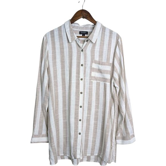 Anthropologie RD & Koko Linen Tunic Top XL Wide Stripe Button Down Pocket - Picture 11 of 11